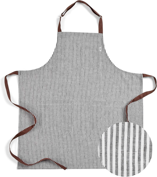 Solino Home Linen Kitchen Apron for Men & Women - Black and White/Brown Bib Apron with Front Pockets - Handcrafted from European Flax