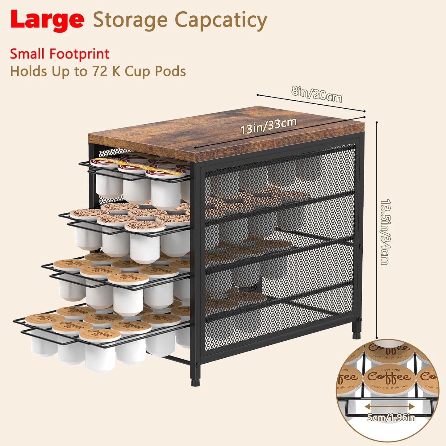 NANANARDOSO Coffee Pod Holder For Counter, 4 Tier Coffee Pod Drawer for Keurig Pod Storage Drawer Holder, 72 Capacity Pods Storage Organizer Cups Capsule with Sliding Baskets for Coffee Station