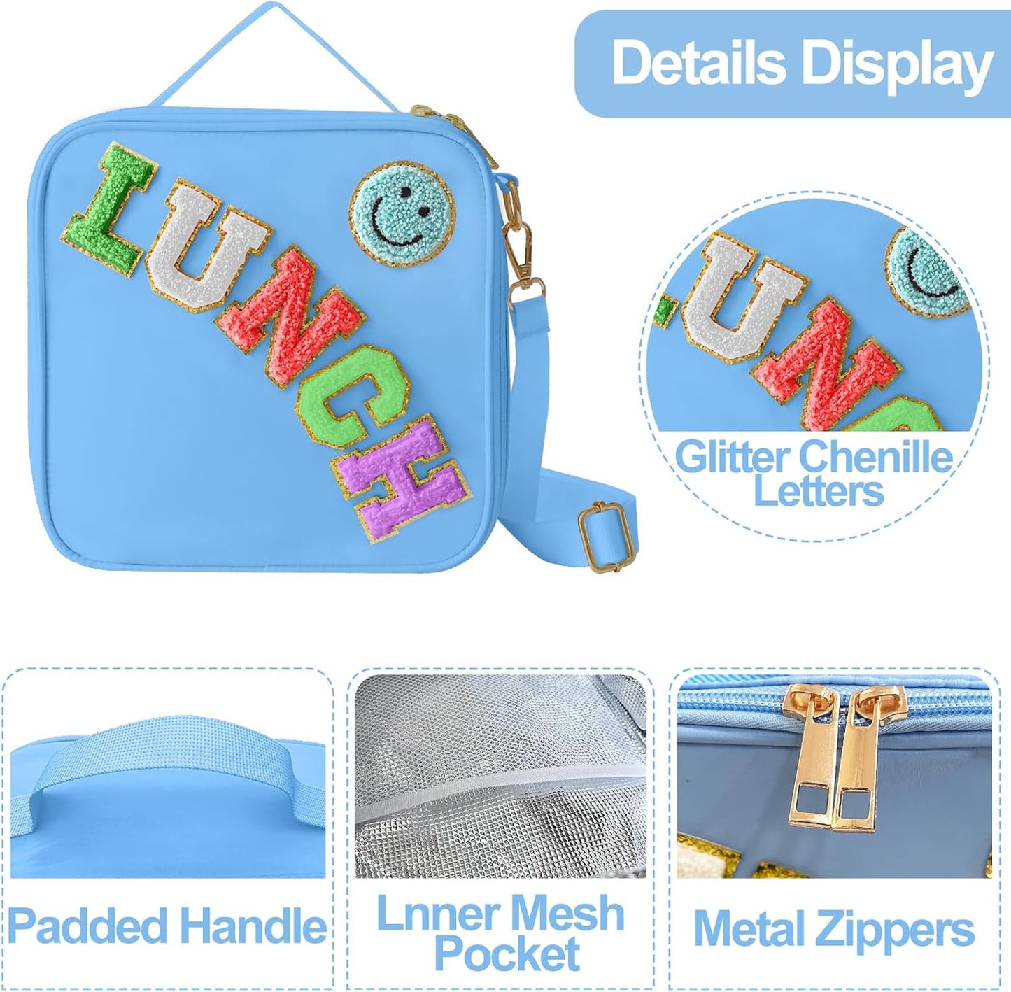 Insulated Lunch Bag With Adjustable Shoulder Strap, Nylon Preppy Lunch Box Large Insulated Lunch Bag Reusable Lunch Tote Bag with Smiley Preppy LunchBag for Girls School Travel Picnic (Dark blue)