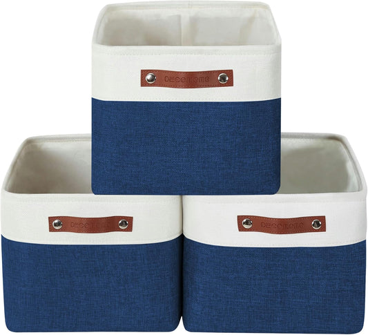 DECOMOMO Storage Baskets for Shelves - Fabric Storage Bins, Linen Closet Organizers and Storage (Navy Blue & White, XL - 3 Pack)