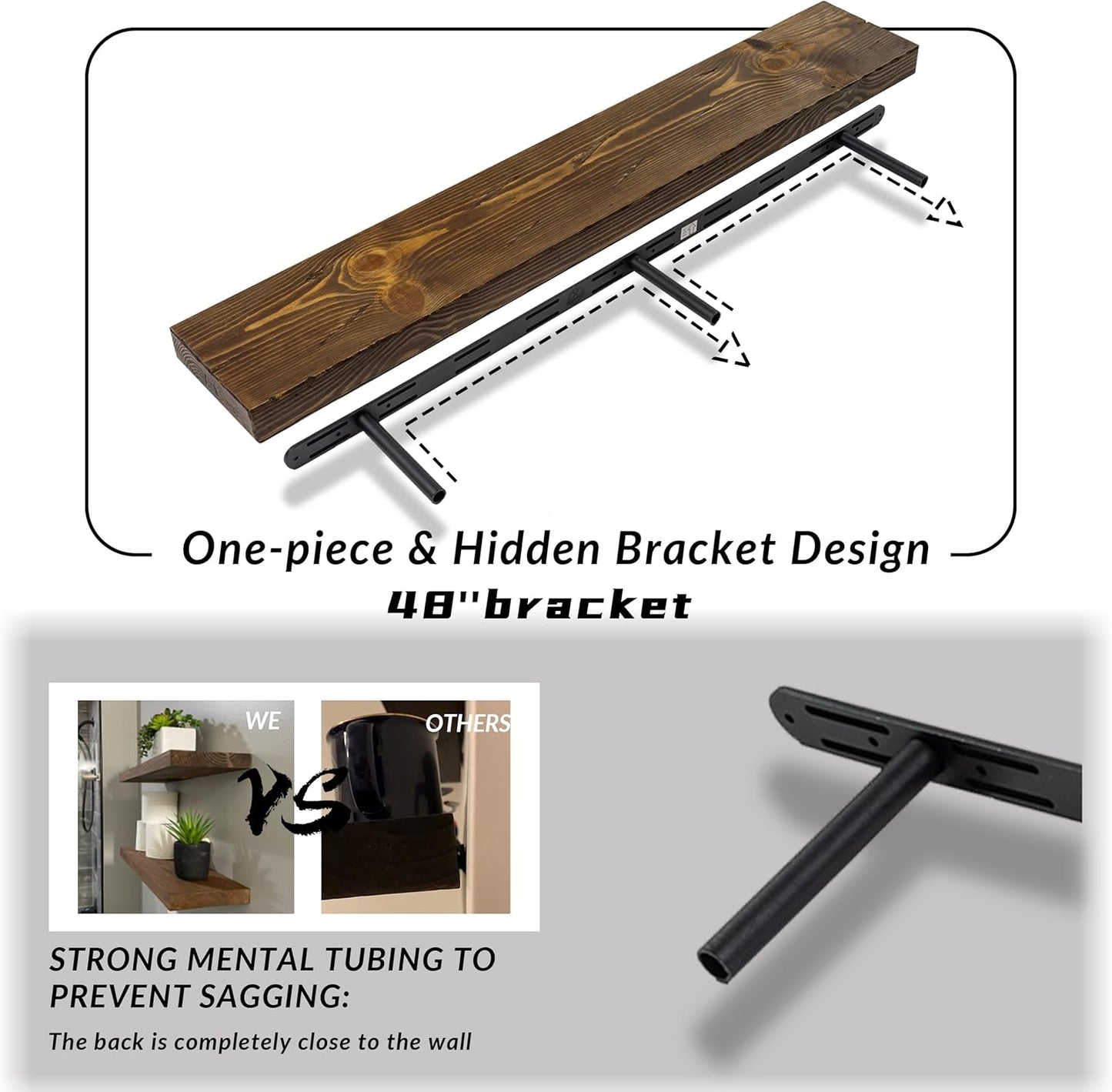 Floating Shelves 48 inch Long 8 "deep Set of 2, Heavy Duty Wood Wall Mounted Shelves for Bathroom Living Room Kitchen,Book Shelves with Thickened Hidden Bracket-Distressed Walnut