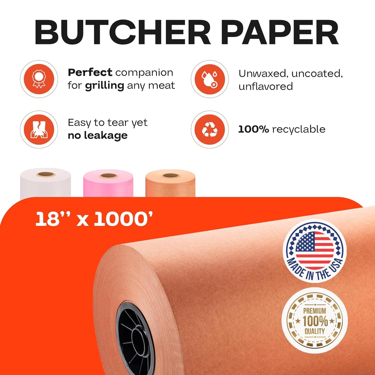 Peach Butcher Paper 18" x 12000" (1000 feet) - USA-Made Natural Butcher Paper Roll for Meat and Fish - Uncoated, Unwaxed & Food-Grade Material for Smoking, Grilling & Barbecue by IDL Packaging
