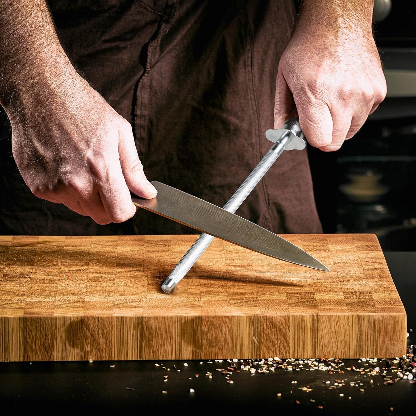 Knife Sharpener Rod, Kitchen Knives Sharpener Carbon Steel Professional Knife Sharpening Steel, Honing Rod with Hanging Holes (13 inches), X