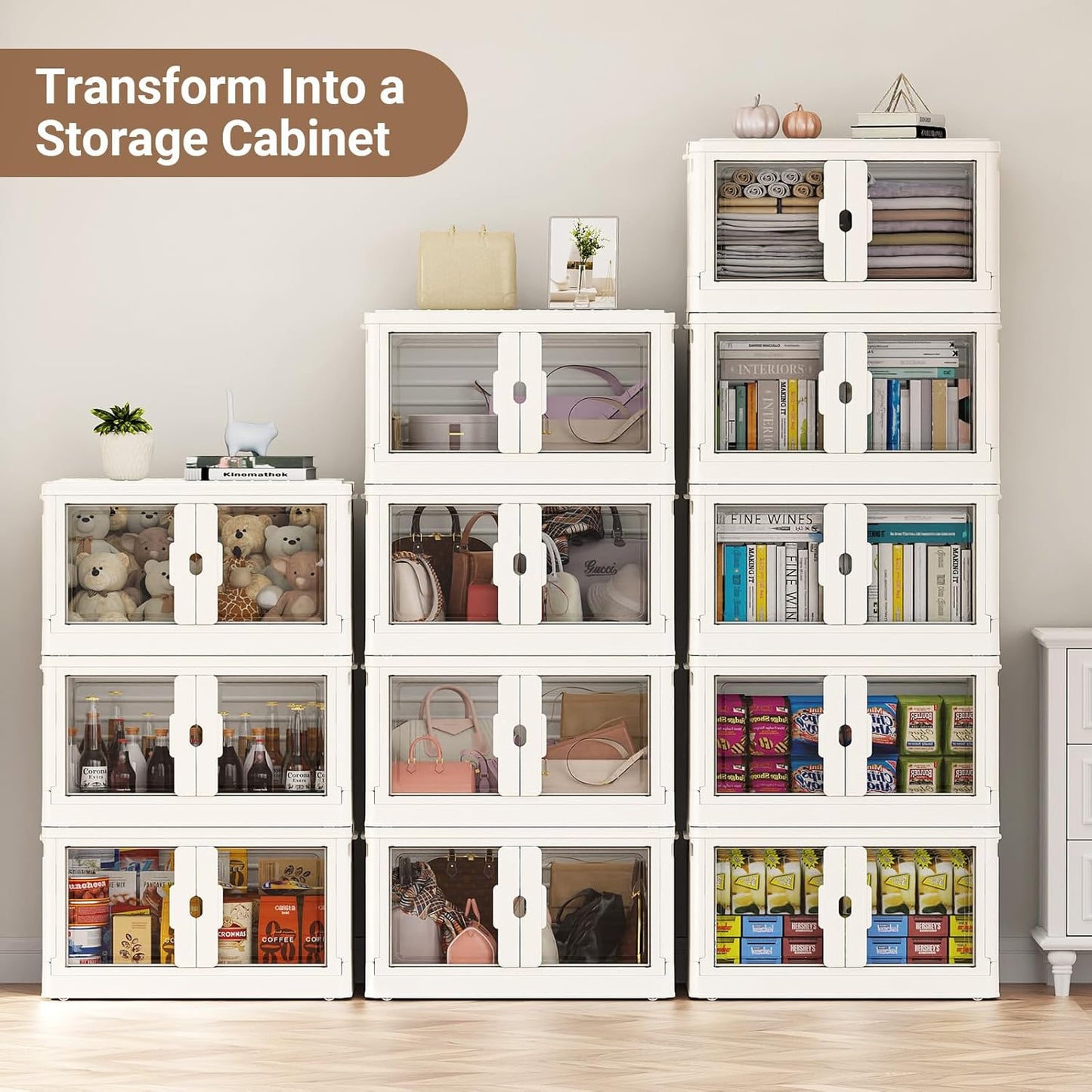 460Qt Stackable Storage Bins with Individual Lids & Wheels, Large Plastic Collapsible Latching Boxes Closet Organizers and Storage Cabinet Shelves Units for Home Kitchen Dorm, 4-Pack White