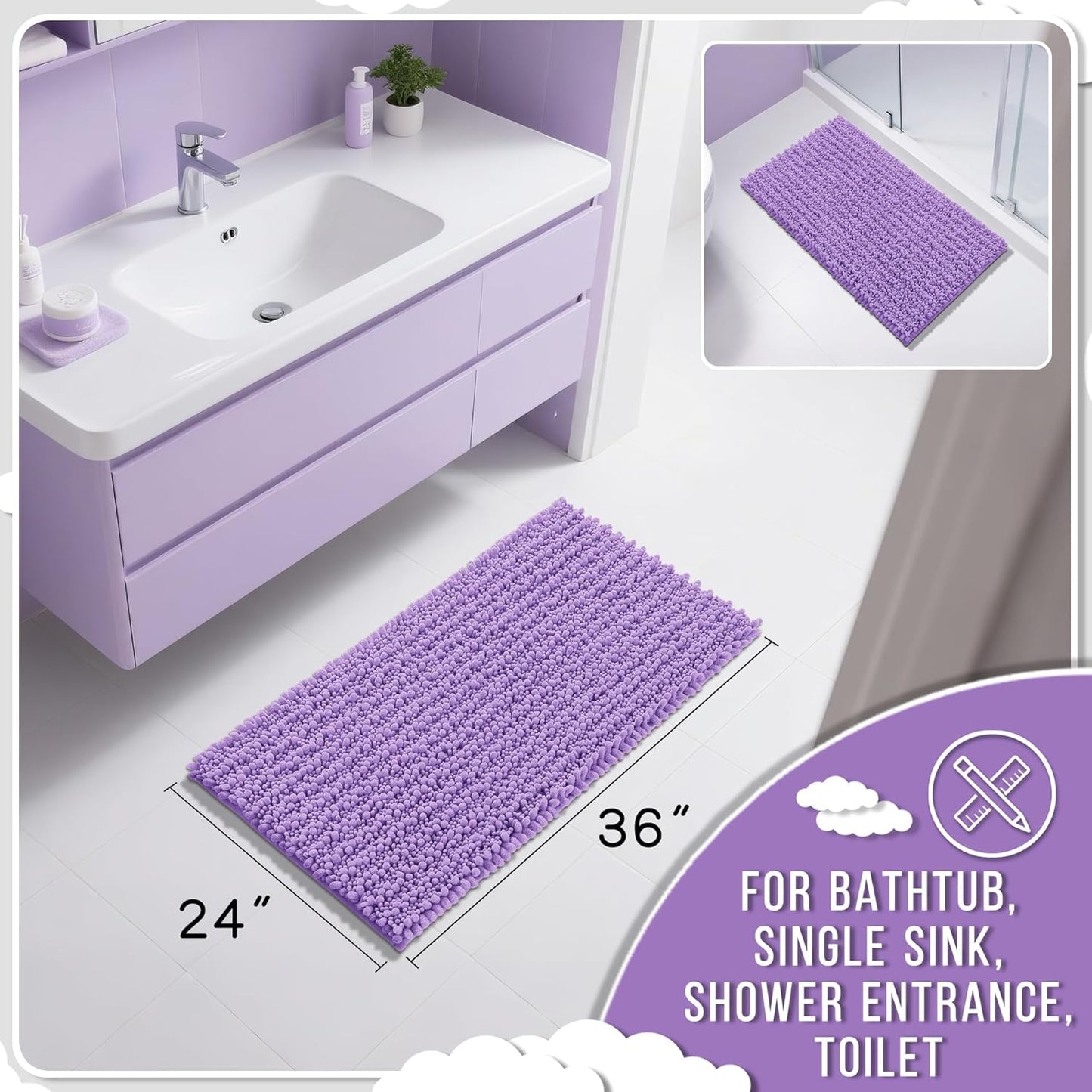 Yimobra Large Bathroom Rugs Non Slip Washable 36x24 Inch - Ultra Soft Absorbent Chenille Bath Mat, Quick Dry Shaggy Floor Carpet for Tub Shower, Lavender Home Decor Accessories