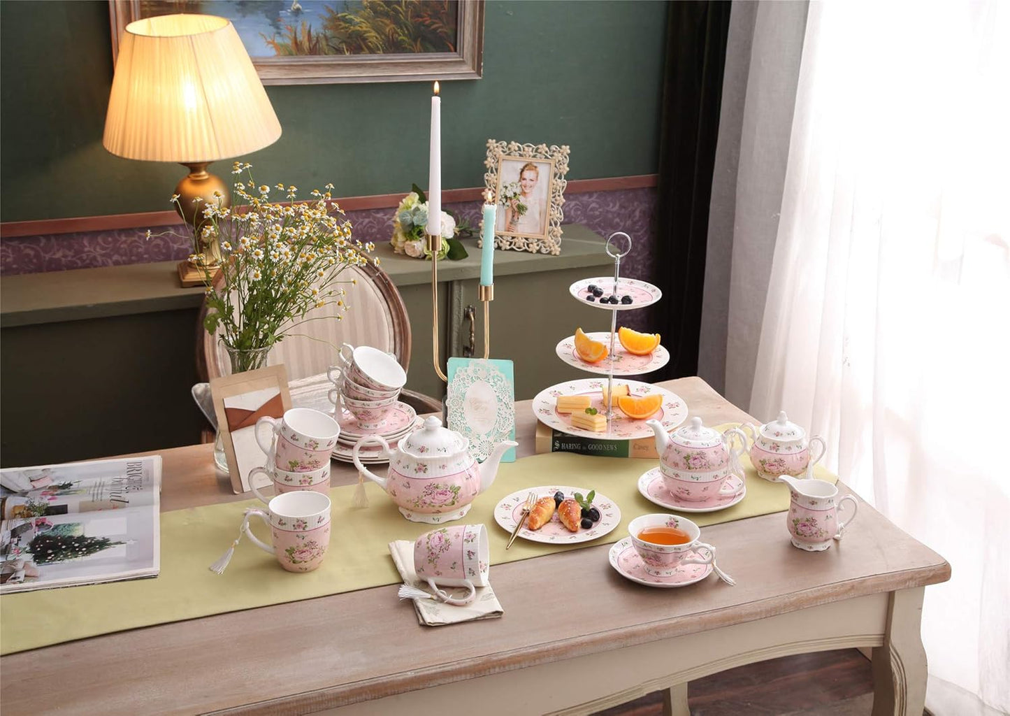 London Boutique Porcelain Teapot Sugar Bowl and Cream Milk Jug Shabby Chic Vintage Floral in Gift box 40oz (Cream & Sugar Set Rose Pink)