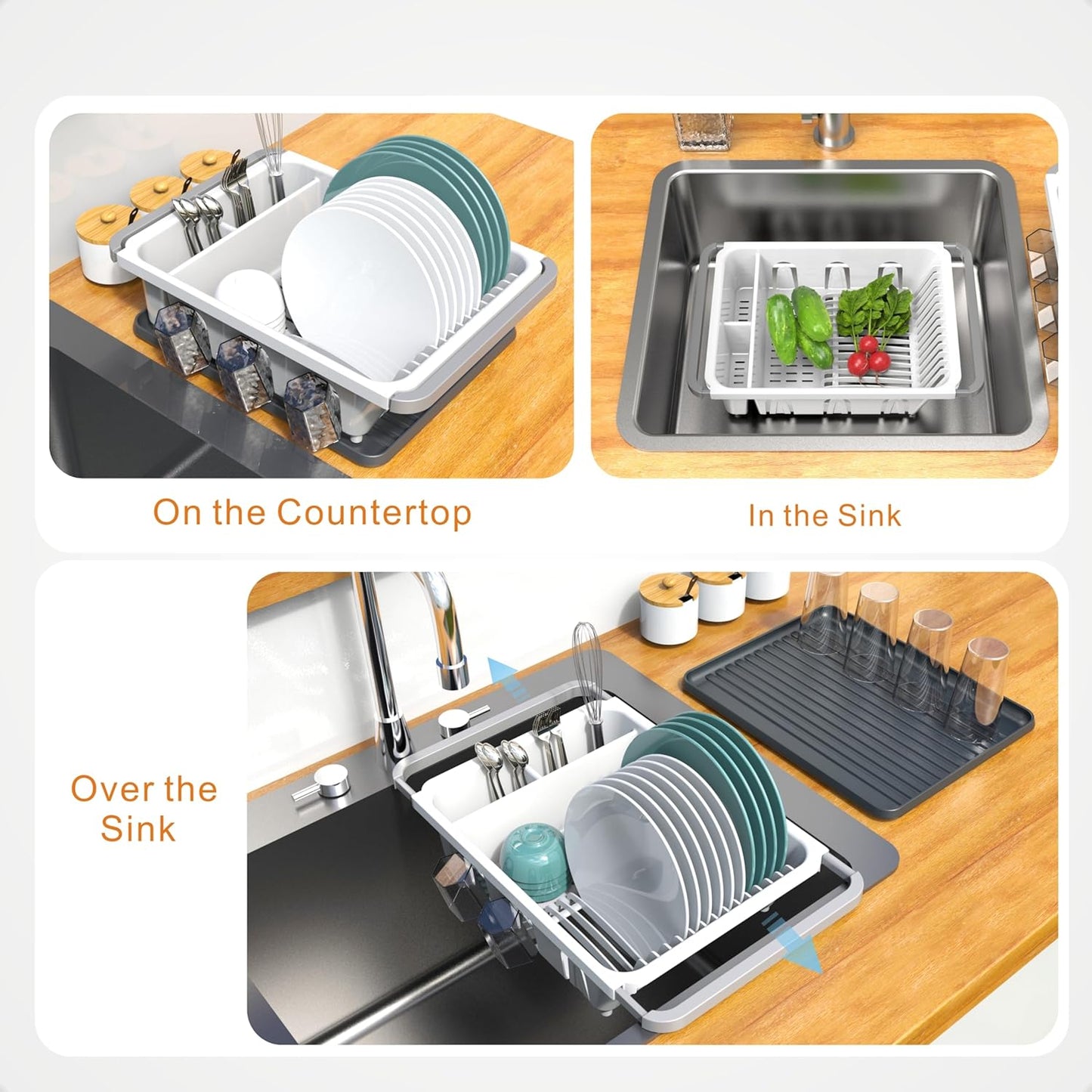Dish drying rack expandable over the sink, in the sink and for cabinet and kitchen counter; Dish drainer rust proof, Large kitchen organizer with drainboard, two cutlery holders and 6 cup holders.