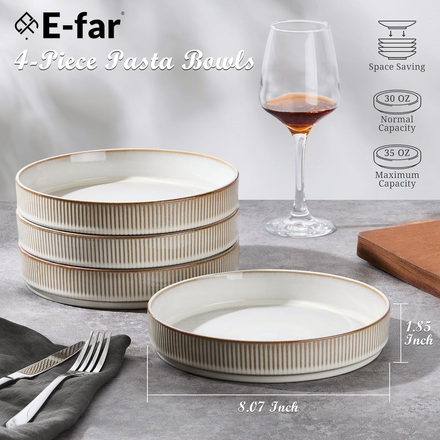 E-far Pasta Bowls Set of 4, 35oz Large Salad Bowl Plate for Dinner Serving Soup, Wide & Shallow Ceramic Stoneware Pasta Plates, Microwave & Dishwasher Safe, Reactive Glaze Texture-Stripe, Creamy Beige