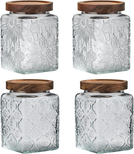 Snminetal Vintage Glass Airtight Storage Jar, With Airtight Wood Lid, Kitchen Food Storage Containers,for Kitchen Counter, Pantry, Tea, Sugar, Coffee Tea Beans,Food Storage Jar (Sunflower*2+plum*2)