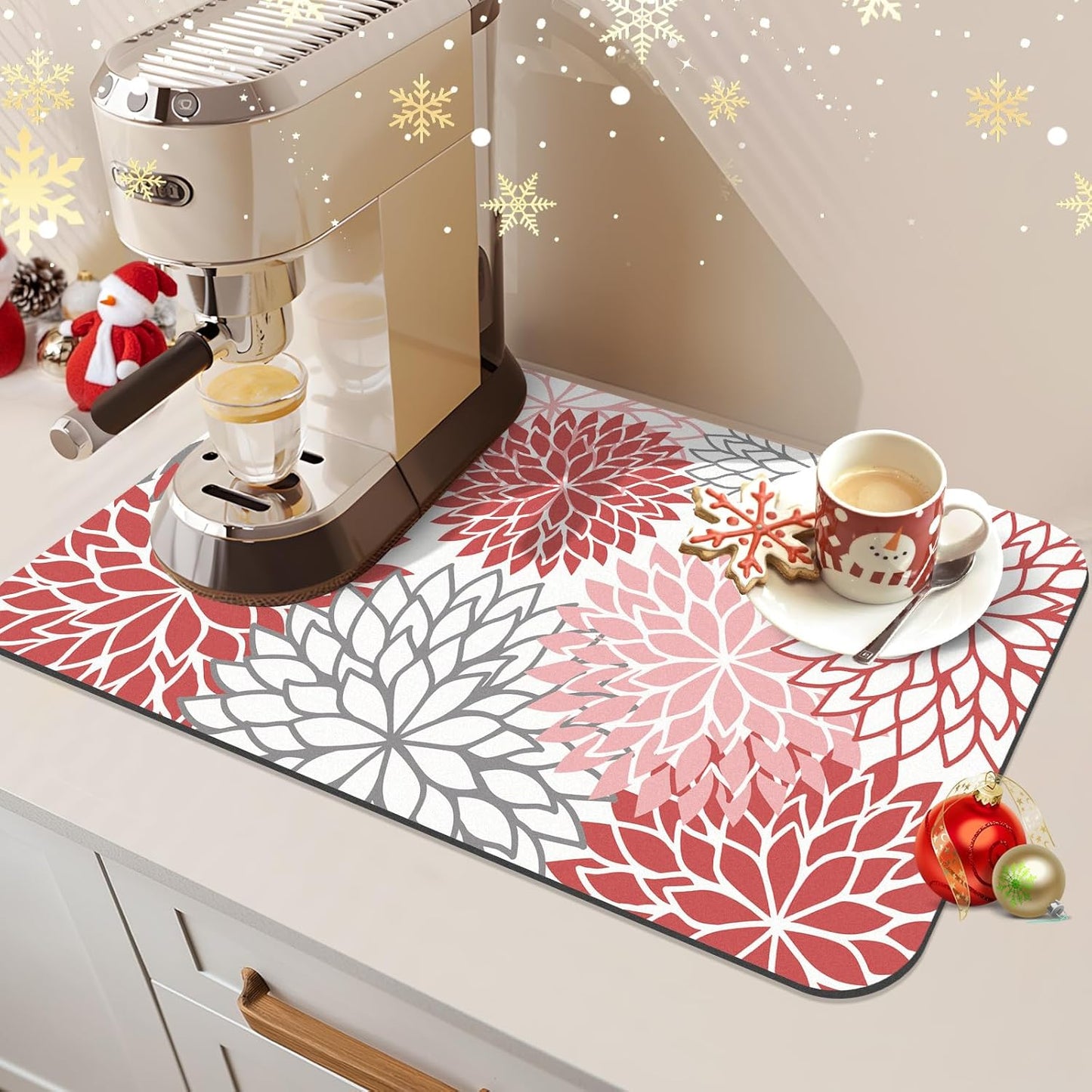 Findosom 2PCS 16" x 24" Dish Drying Mat & 24" x 5.5" Sink Splash Guard, Super Absorbent & Cuttable Dish Mat Drying Kitchen Mat with Red Floral, Hide Stain Drying Mat for Kitchen Counter