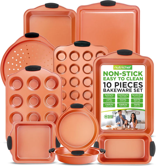 NutriChef 10-Piece Nonstick Baking Pan Set - Premium Carbon Steel Bakeware with Silicone Handles, Baking Pans, Pizza Pan, Square Pan, Loaf Pan, Cookie Sheet, Round Pan, 12/24 Cup Muffin Pan (Copper)
