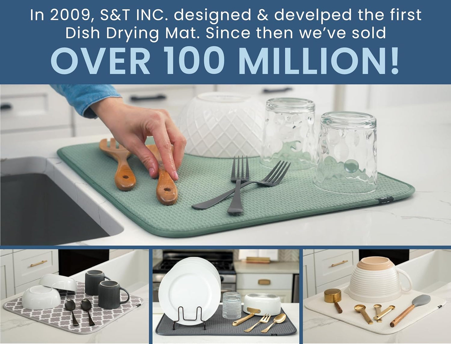 S&T INC. Dish Drying Mat, 16” x 18”, Absorbent Microfiber Kitchen Counter Mat, Dish Drying Pad for Dishes, Utensils, Pots and Pans, Large, Sage Green