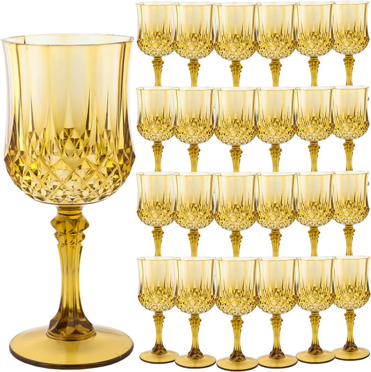 Plastic Wine Glasses，Plastic Goblets Vintage Style Cordial Drinking Glasses for Wedding Reception, Grand Event Party Supplies (24, Gold)