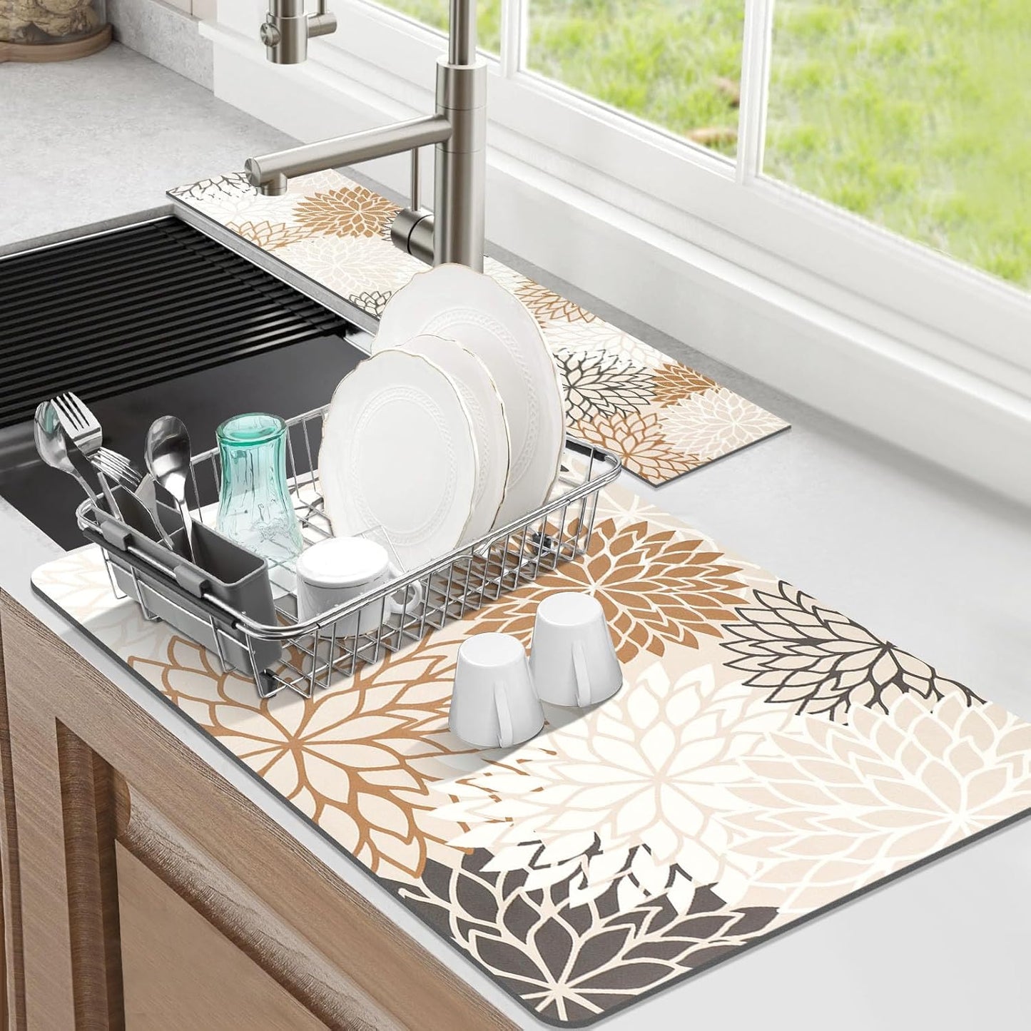 Findosom 2PCS 12" x 20" Dish Drying Mat & 24" x 5.5" Sink Splash Guard, Super Absorbent & Cuttable Dish Mat Drying Kitchen Mat with Brown Floral, Hide Stain Drying Mat for Kitchen Counter