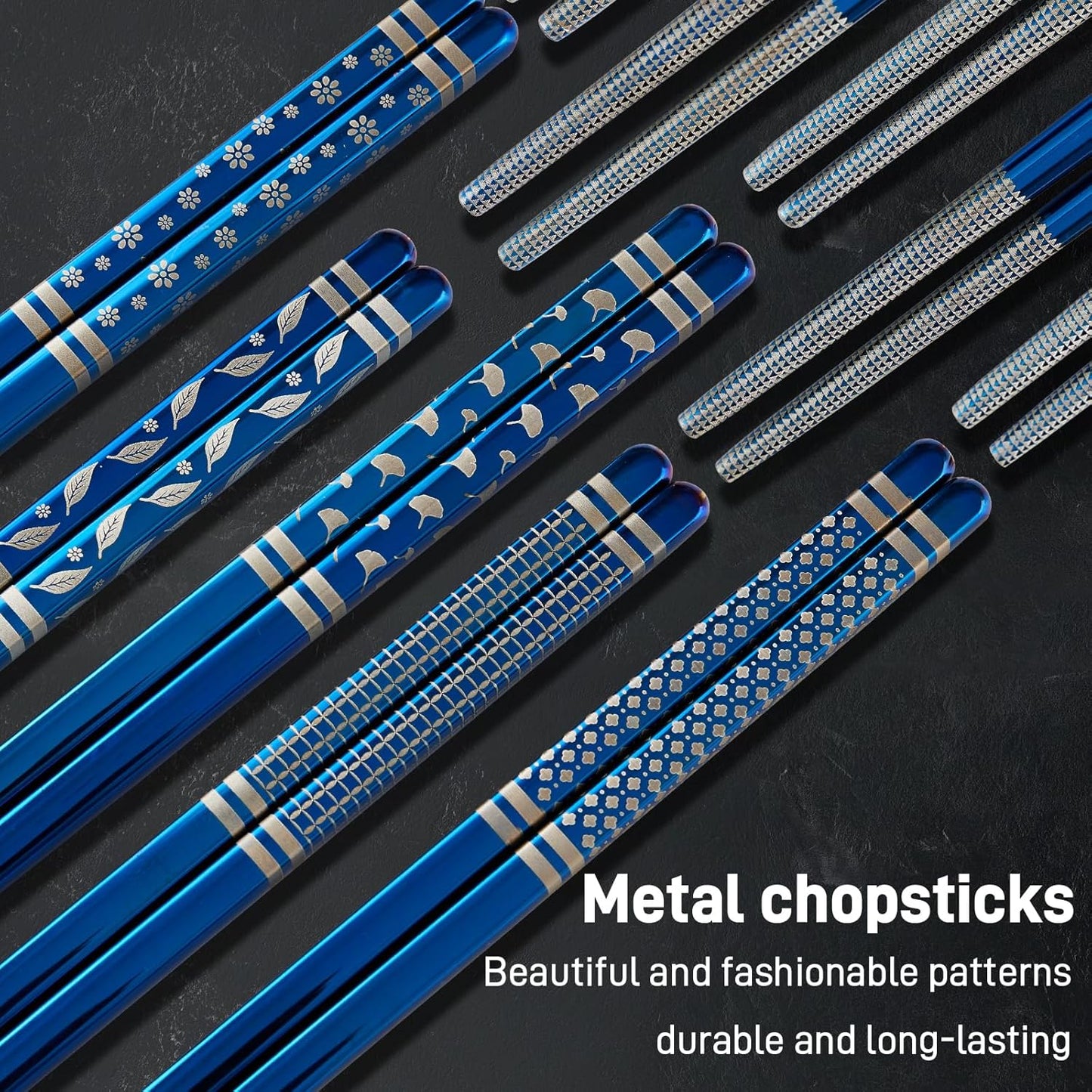 Metal Chopsticks Reusable 5 Pairs Stainless Steel Chopsticks Japanese Chinese Korean Metal Chop Sticks Dishwasher Safe Non Slip Cute Laser Engraved 9.25 Inch for Cooking Eating Gift Set