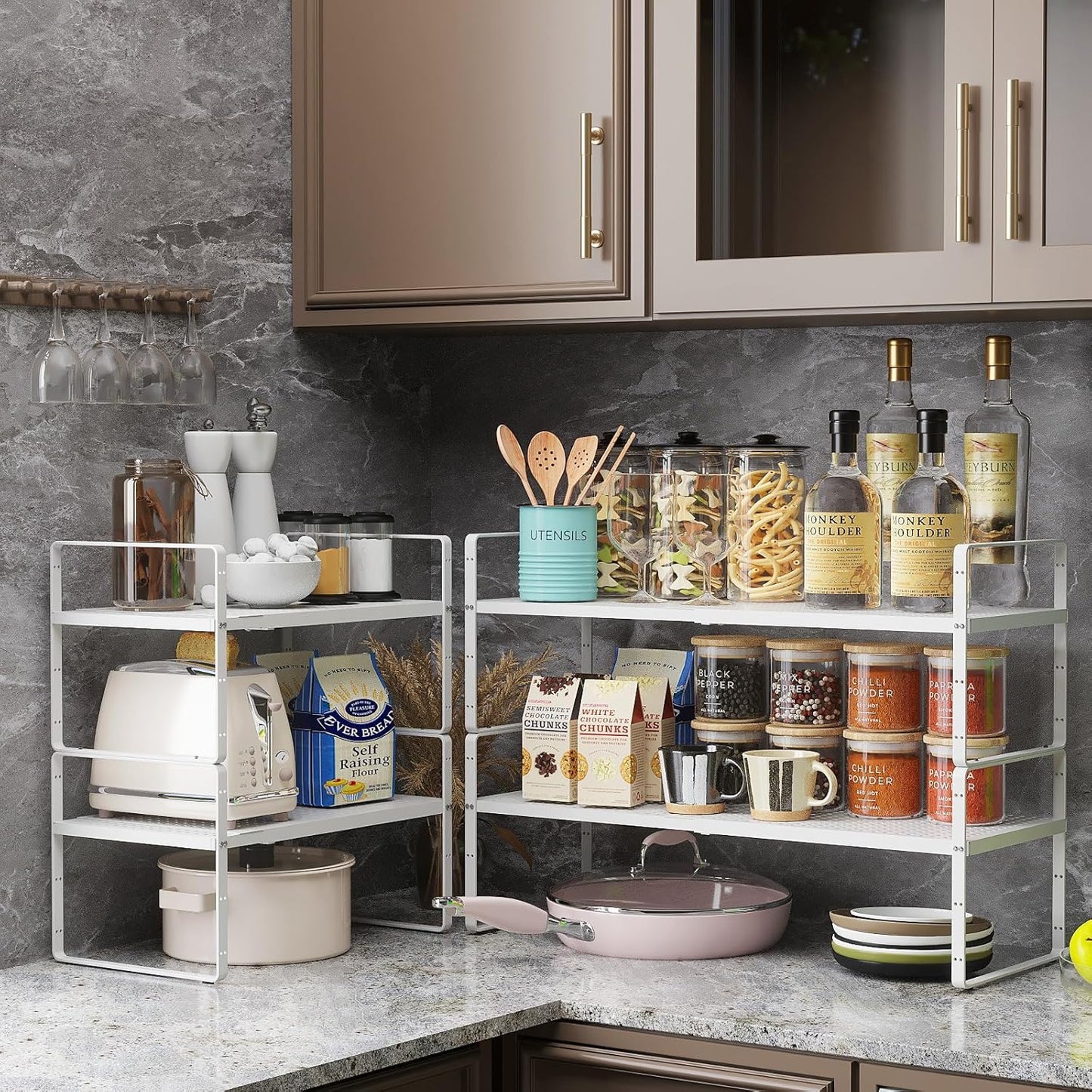 16.5~27.1" Expandable Shelf Organizer, 2Pack 8.1" Wide Stackable Cabinet Shelf Organizers, White Metal Sturdy Kitchen Counter Storage for Countertop, Adjustable Height Spice Rack