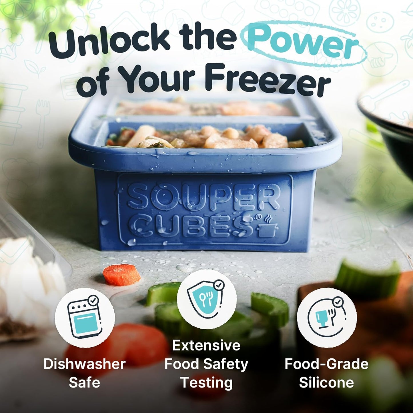 Souper Cubes 1 Cup Silicone Freezer Tray with Lids, Perfect for Storing Broth, Leftovers, Rice, Sauce and More, Silicone Soup Freezer Molds for Meal Prepping - Blueberry - 2-Pack