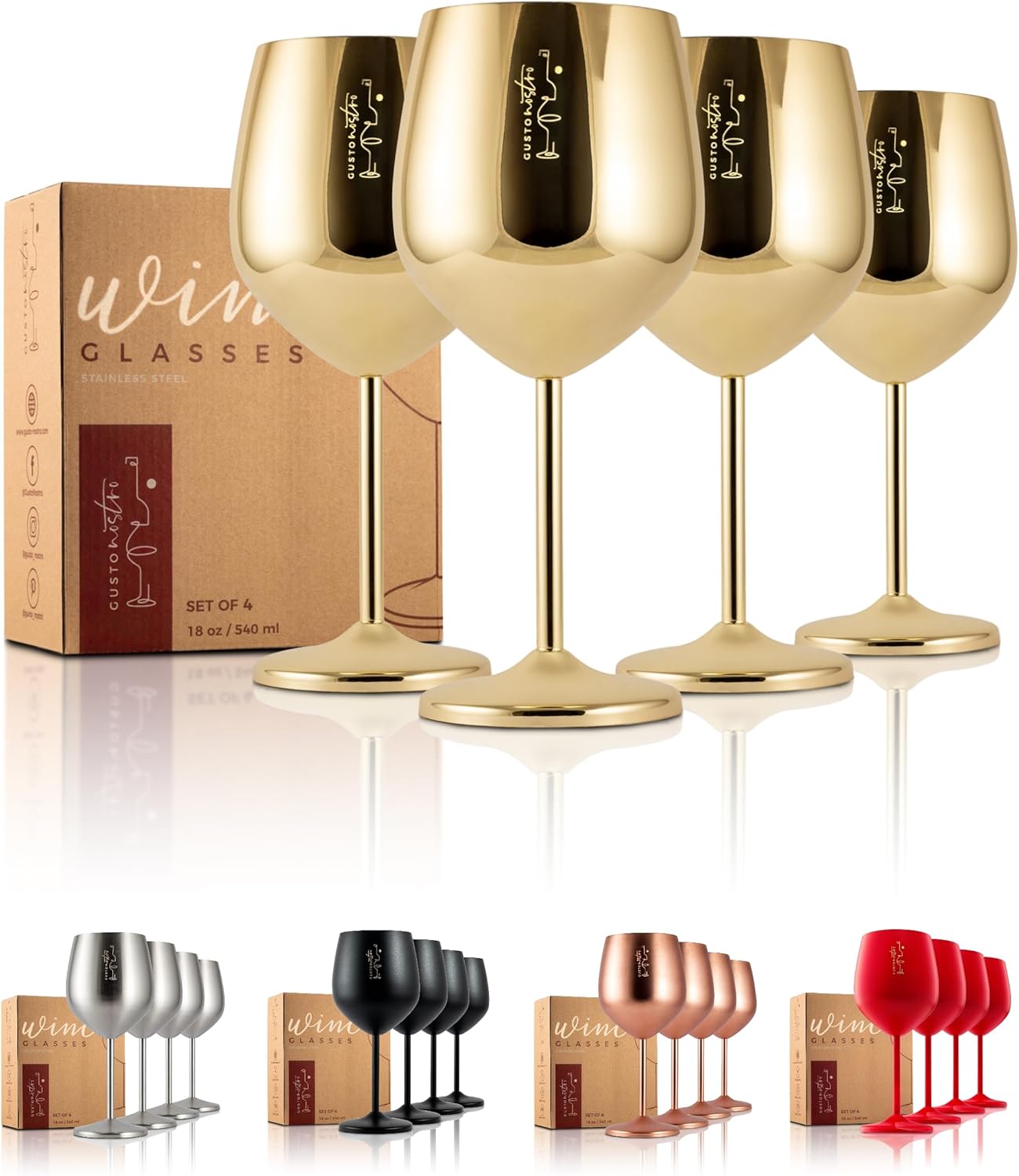 Gusto Nostro Stainless Steel Wine Glass - 18 oz Unbreakable Gold Wine Glasses for Travel, Camping and Pool - Fancy, Unique and Cute Portable Metal Wine Glass for Outdoor Events, Picnics (Set of 4)