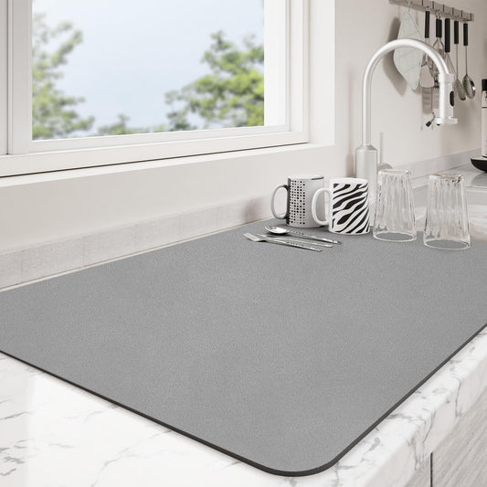 Dish Drying Mat for Kitchen Counter | Coffee Bar Mat for Countertops | Heat Resistant Drainer Mat with Non-slip Rubber Backed | Hide Stain Kitchen Absorbent Draining Mat | Grey 18"x24"