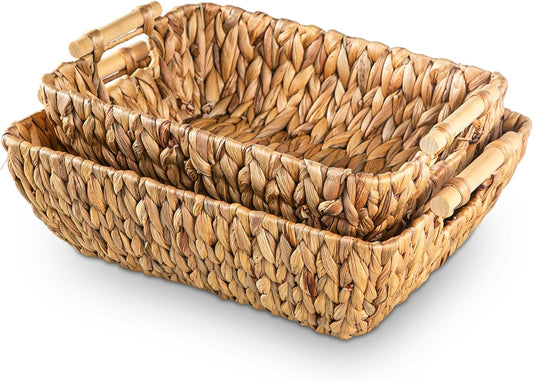 Woven Storage Baskets – Set of 2 Handwoven Water Hyacinth Wicker Baskets with Wooden Handles for Organizing, Decorative Baskets for Laundry Room, Home Decor - Large & Medium