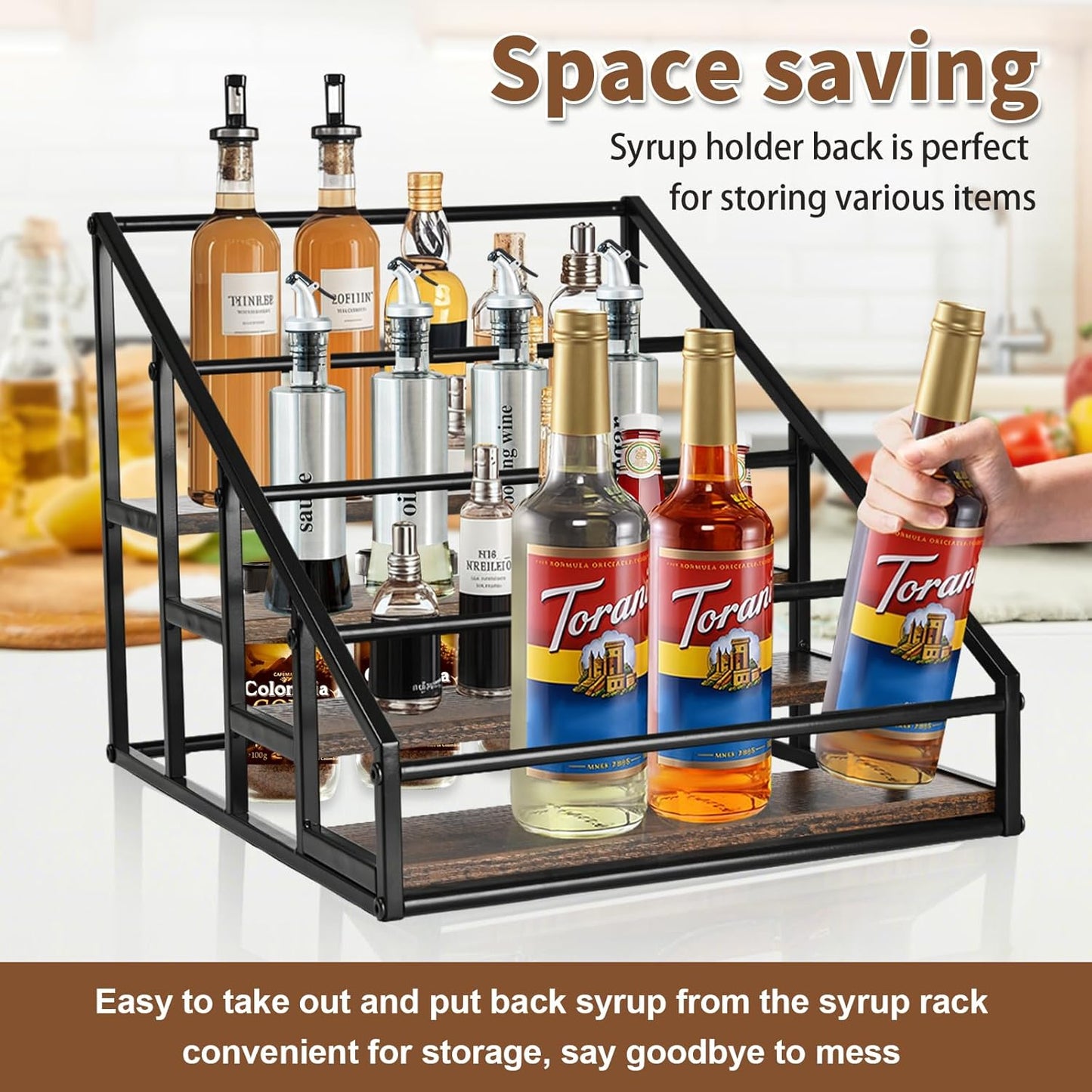 Coffee Syrup Organizer Rack, Liquor Bottle Display Shelf, Spice Racks, 4-Tier 16 Syrup Bottles Holder Stand for Coffee Bar Kitchen Small Wine Rack for Bar Family Storage for Syrup Wine Dressing