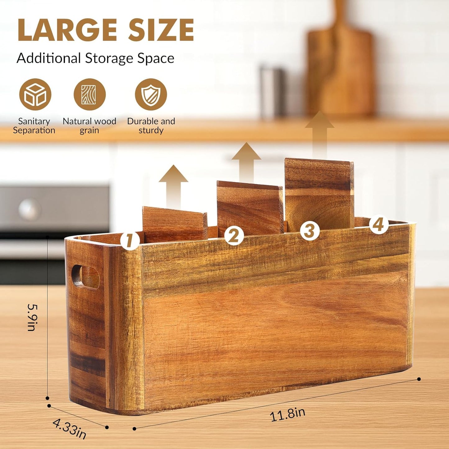 Kitchen Utensil Holder for Counter or Countertop, Extra Large Acacia Wood Organizer with 4 Compartments, Wooden Storage for Cooking and Silverware, Rustic Minimalist Decor, Sturdy Utensil Crock
