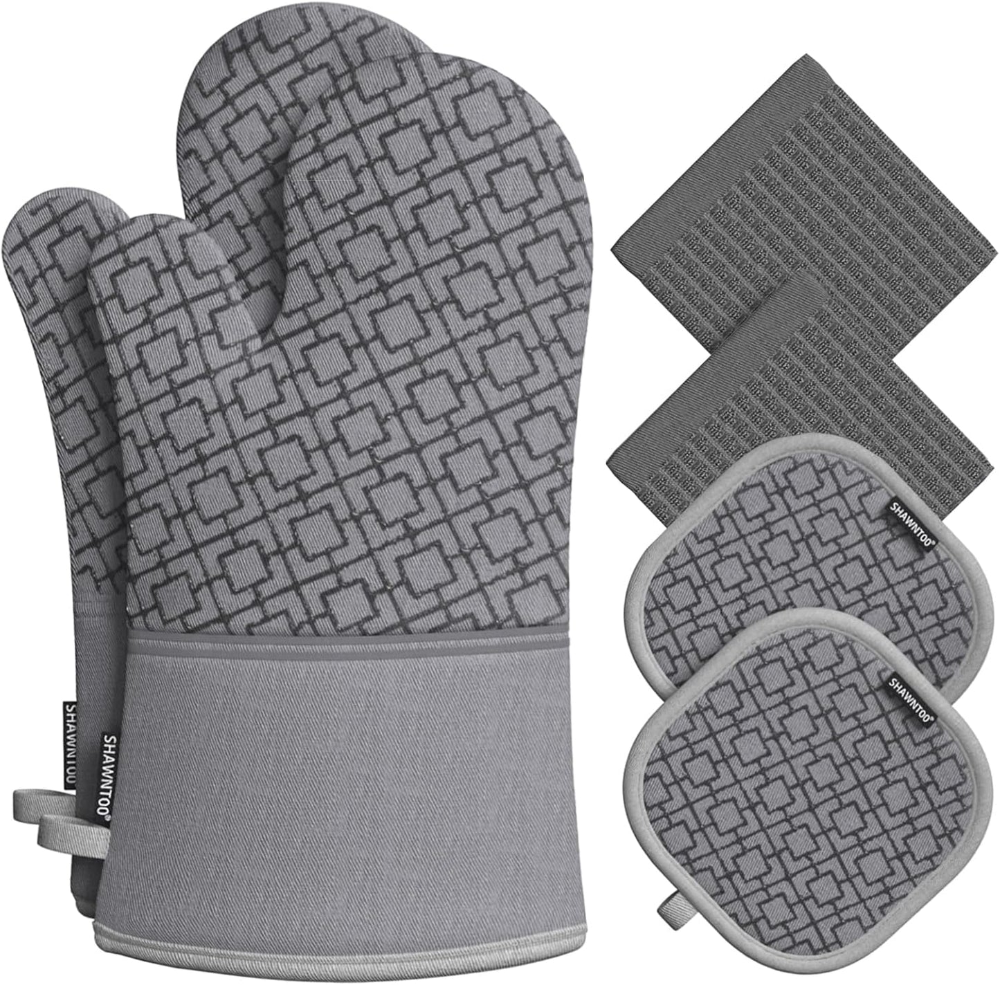 Oven Mitts and Pot Holders Sets 6pcs, Kitchen Oven Glove,High Heat Resistant 550 Degree Extra Long Oven Mitts and Potholders with Non-Slip Silicone Surface for Home Essentials (Grey) (Gray)