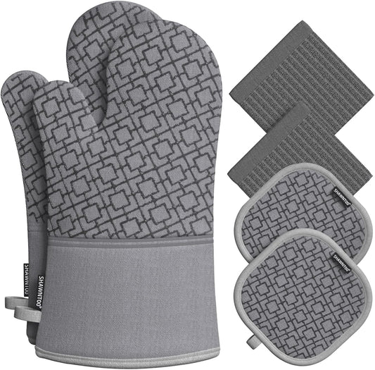 Oven Mitts and Pot Holders Sets 6pcs, Kitchen Oven Glove,High Heat Resistant 550 Degree Extra Long Oven Mitts and Potholders with Non-Slip Silicone Surface for Home Essentials (Grey) (Gray)