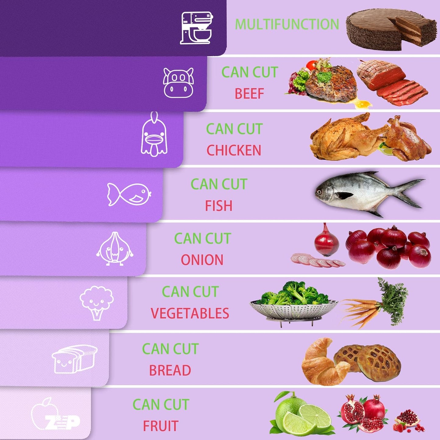 ZVP Flexible Plastic Cutting Board Set of 3 Gradient Color, Colorful Chopping Boards, BPA Free Mats, Non Slip, Dishwasher Safe, 15x12 Inch, Purple Multi-Color