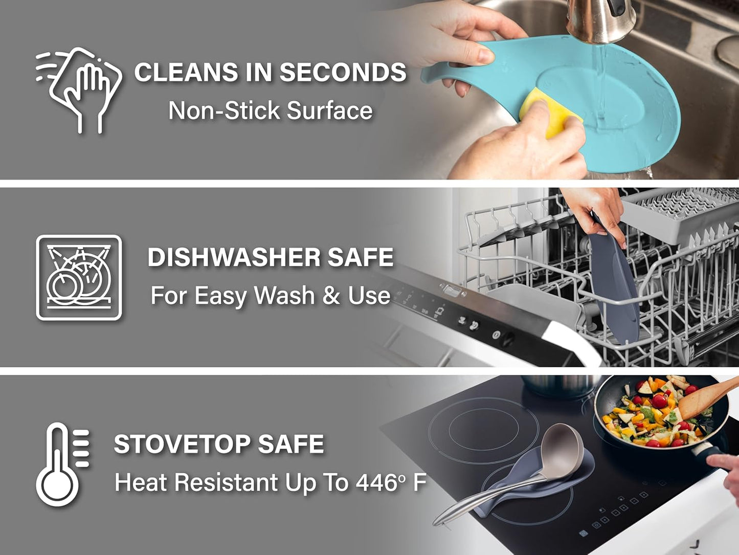 Silicone Spoon Rest for Stove Top, Set of 2 - HEAT RESISTANT, EASY TO CLEAN Kitchen Spoon Rest for Kitchen Counter, Holds XL Utensils, Safe on GLASS & INDUCTION Cooktops, DOESN’T BREAK if Dropped