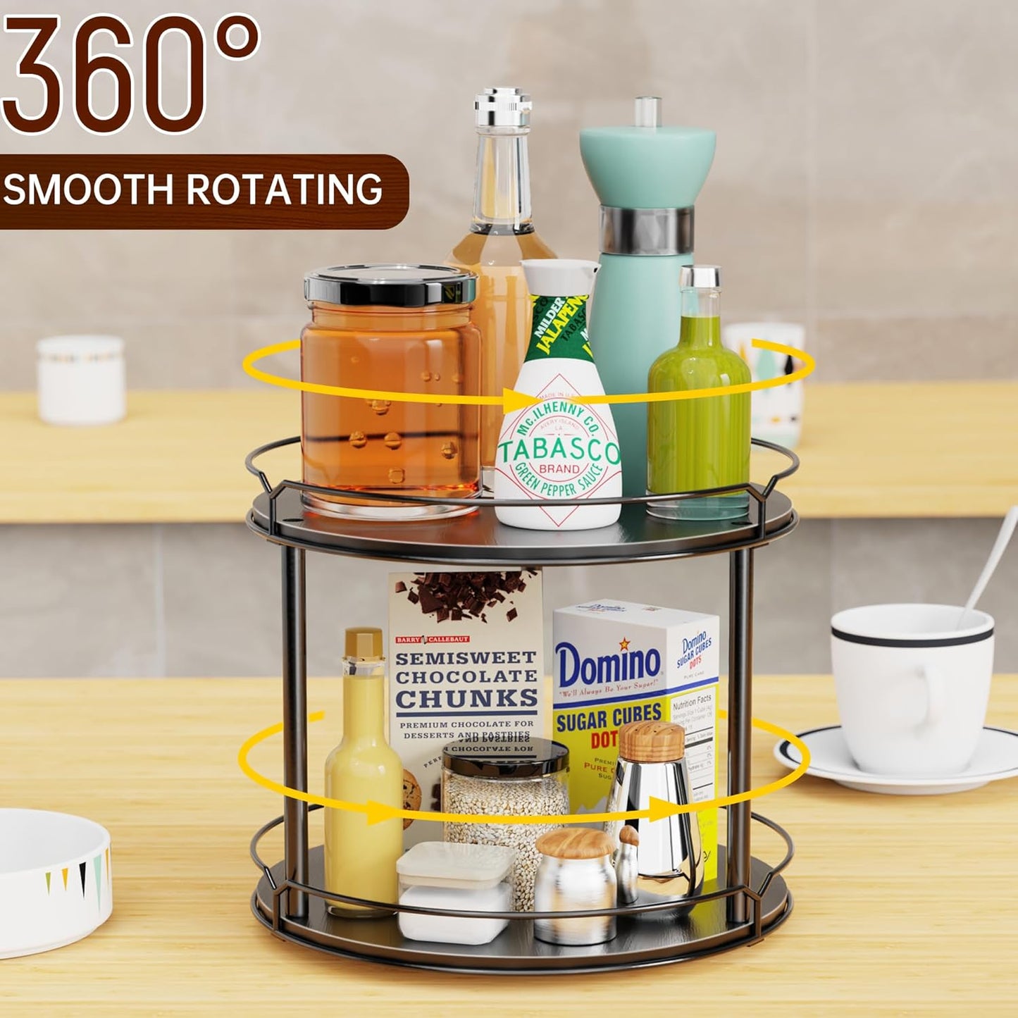 Lazy Susan Organizer 2 Tier - 12.4" Turntable Spice Rack for Table Top, Wooden Rotating Lazy Susan for Cabinet Pantry Kitchen Countertop Dining Table Cupboard Bathroom Vanity Storage(Black)