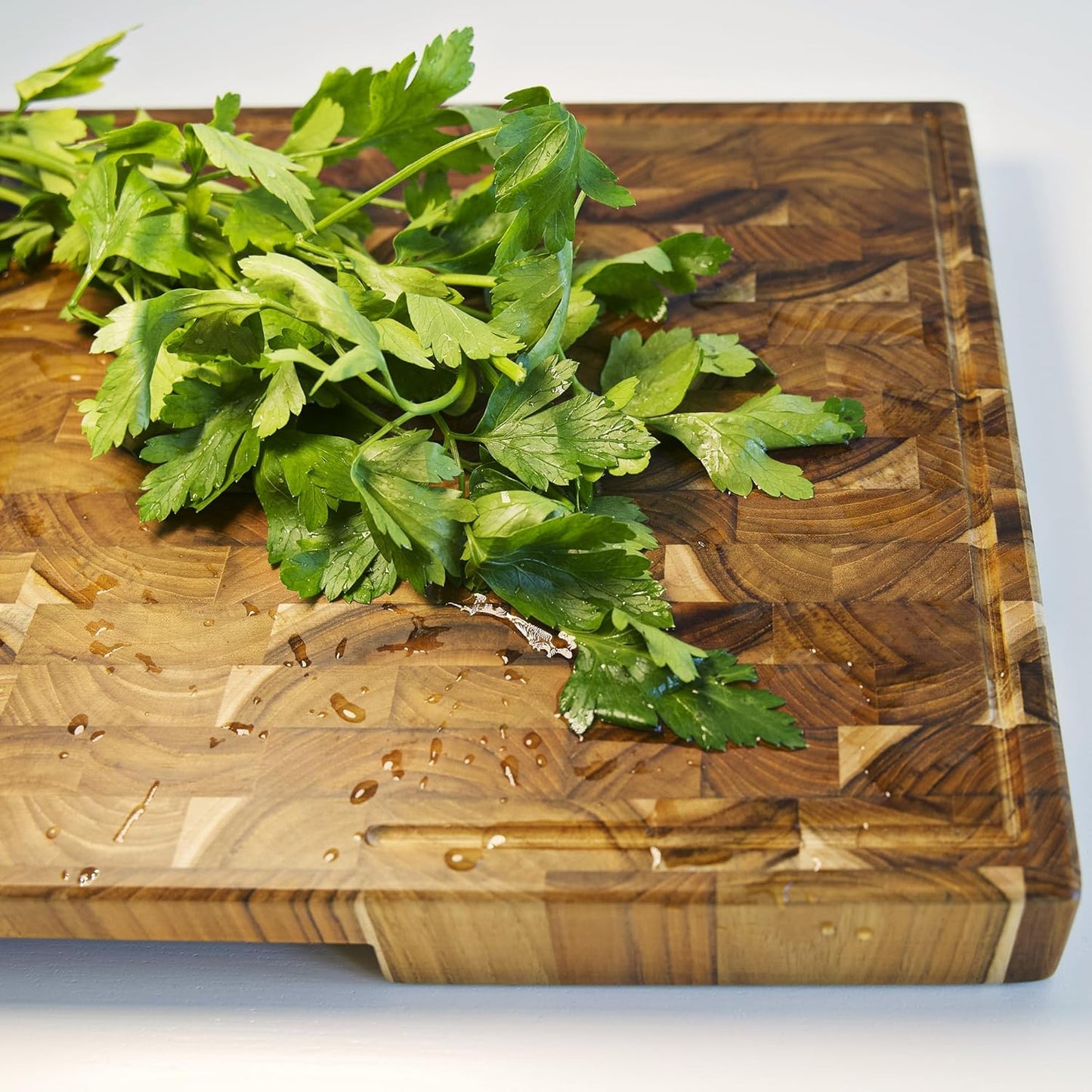 Teak Cutting Boards for Kitchen (ExtraThick 1.7"). Premium Quality Butcher Block, Charcuterie Board. Heavy Duty End Grain Wood Chopping Board 15.7"L x 10.2"W with Handle (Oil bottle & Plate included)