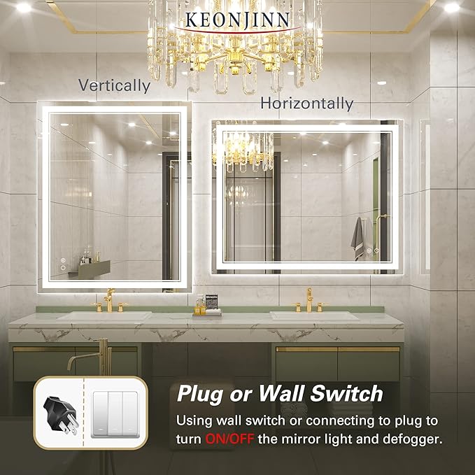 Keonjinn 40 x 32 Inch LED Bathroom Mirror IP54, 6000K(Horizontal/Vertical) 6000K(Horizontal/Vertical)