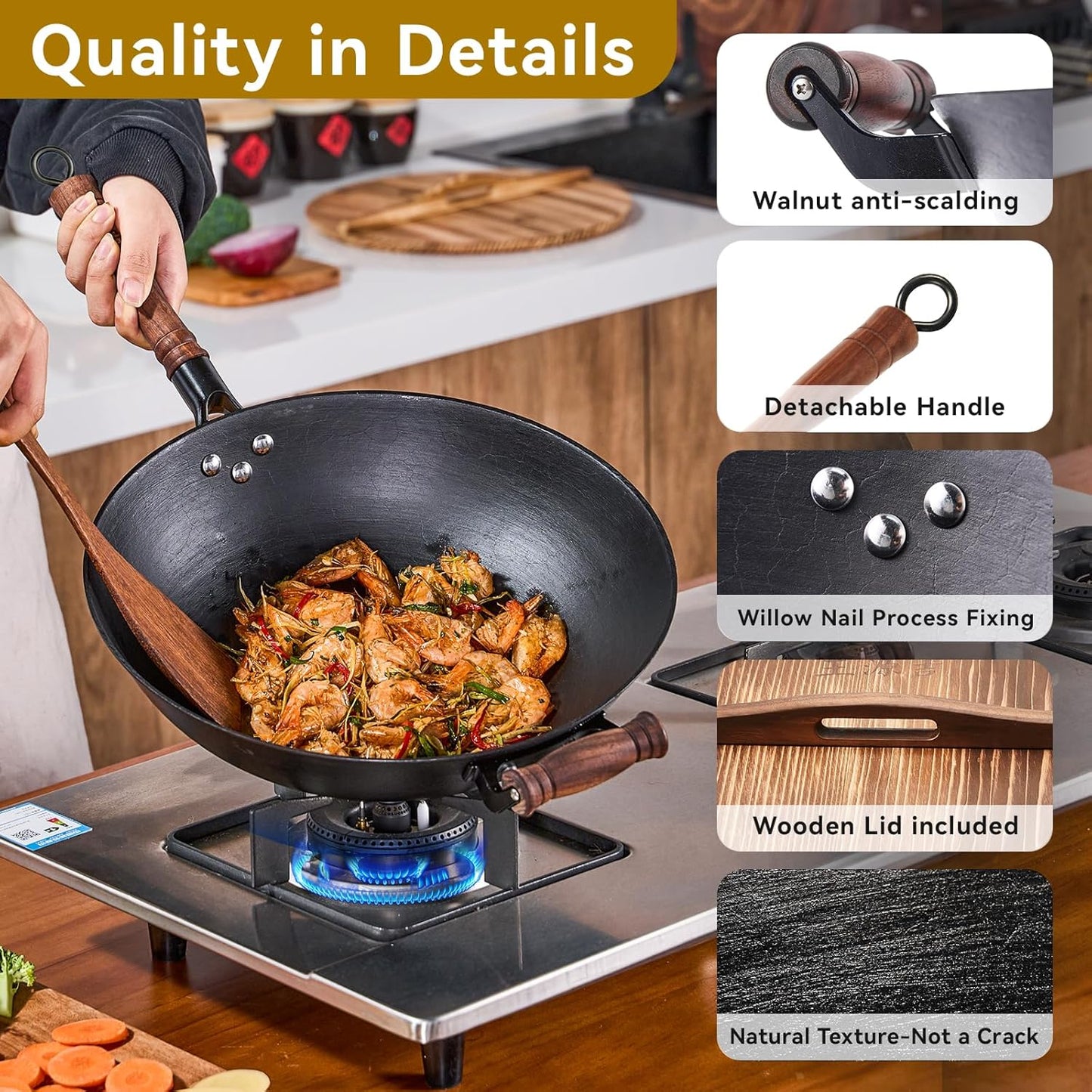 WANGYUANJI 14.2 Inch Cast Iron Wok with Lid – Flat Bottom Chinese Stir Fry Pan, Handcrafted Non-Coated Iron Cookware for Induction, Gas & Electric Stoves, Black