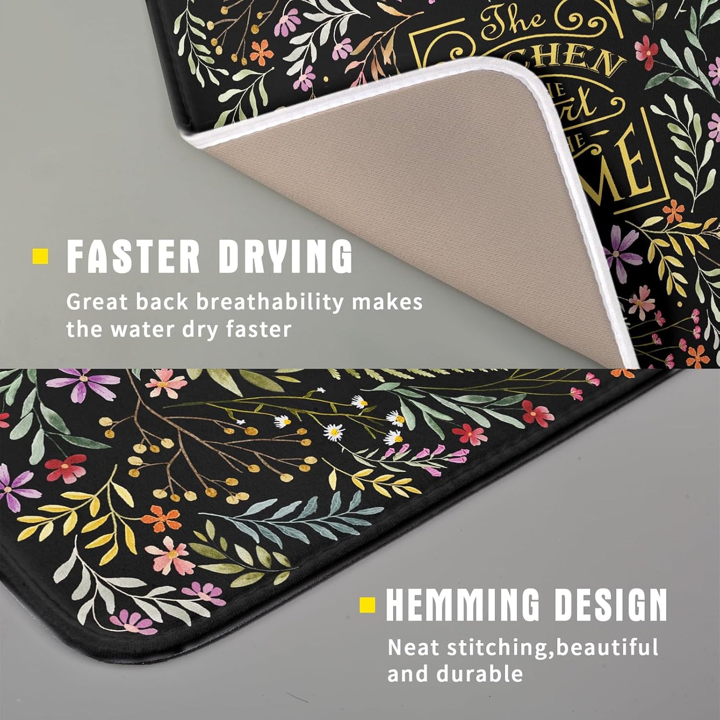 Absorbent Dish Drying Mat Colorful Flowers Microfiber Pad for Kitchen Counter Coffee Bar Decor 16" X 18"