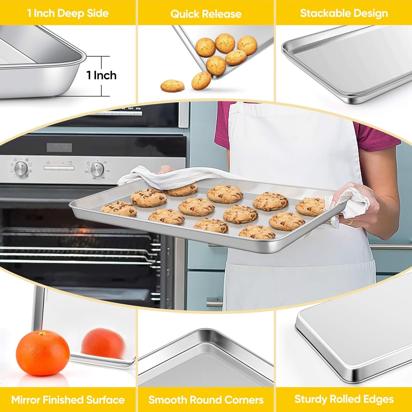 Homikit 2 Pack Baking Sheet, 16x12 Inches Stainless Steel Cookie Sheets for Baking, Large Toaster Oven Tray for Roasting Cooking, Metal Jelly Roll Pan Non Stick &Rustproof, Dishwasher Safe
