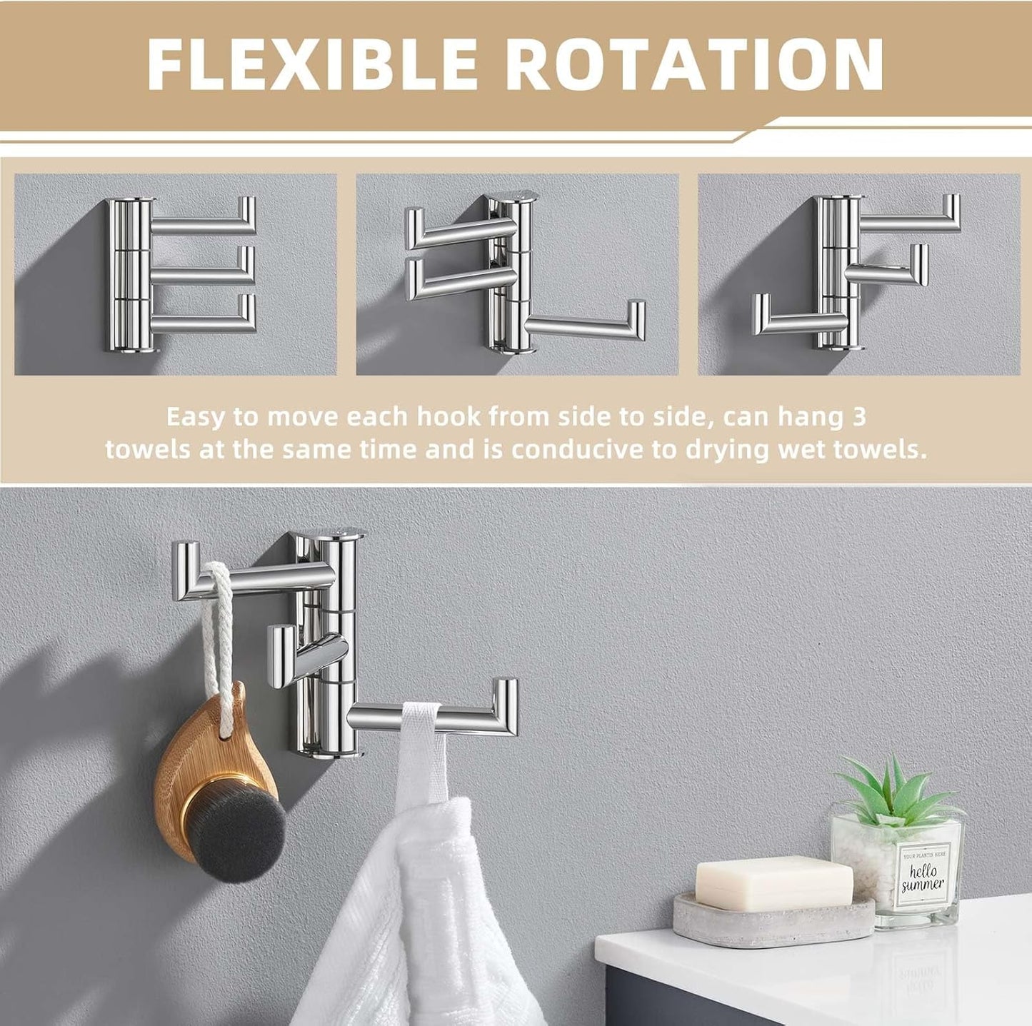 Suyar Bathroom Towel Hook Polished Chrome, SUS 304 Stainless Steel Swivel Robe Hook with 3 Arms, Towel Hanger Wall Mounted