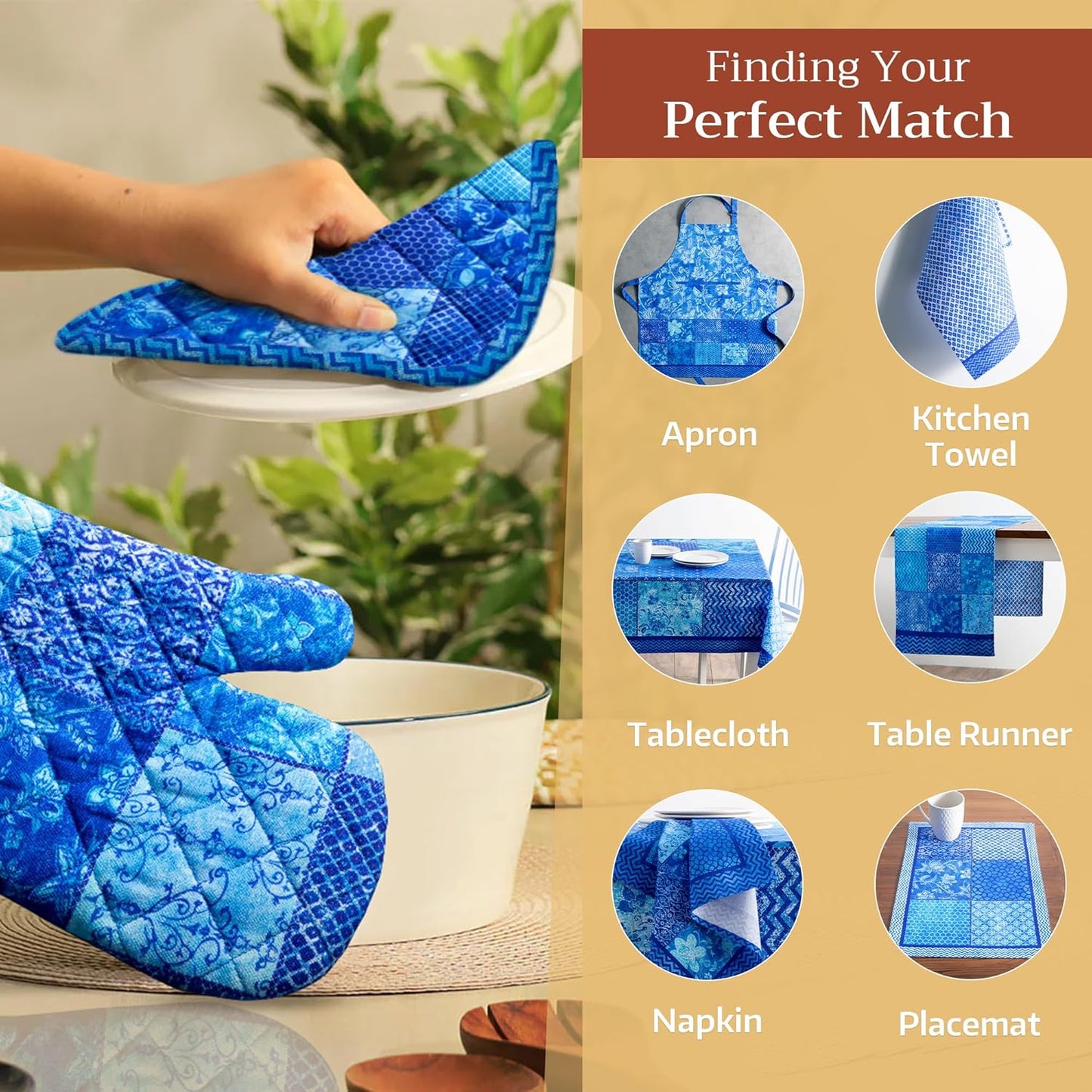 Maison d' Hermine 100% Cotton Oven Mitt & Pot Holder Set (7.5"x13" & 8"x8") Heat Resistant BBQ Cooking Gloves with Loop, Baking, Grilling, Kitchen, Handling Hot Pans Spring/Summer (Indigo Love)