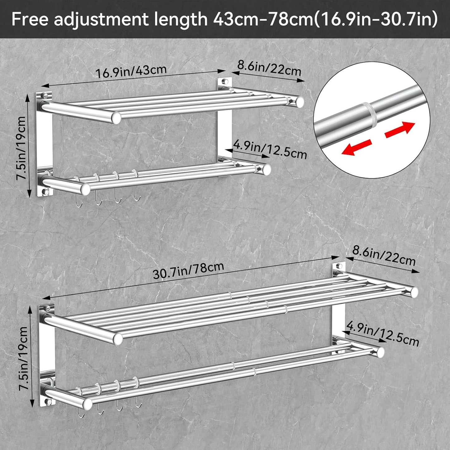 Adjustable Towel Bar for Bathroom Wall Mount17-30.7inch Adhesive Shower Towel Rack Stainless Steel Bath Towel Holders for Toilet Kitchen Double Towel Hanger (Mobile Hook Towel Rack)