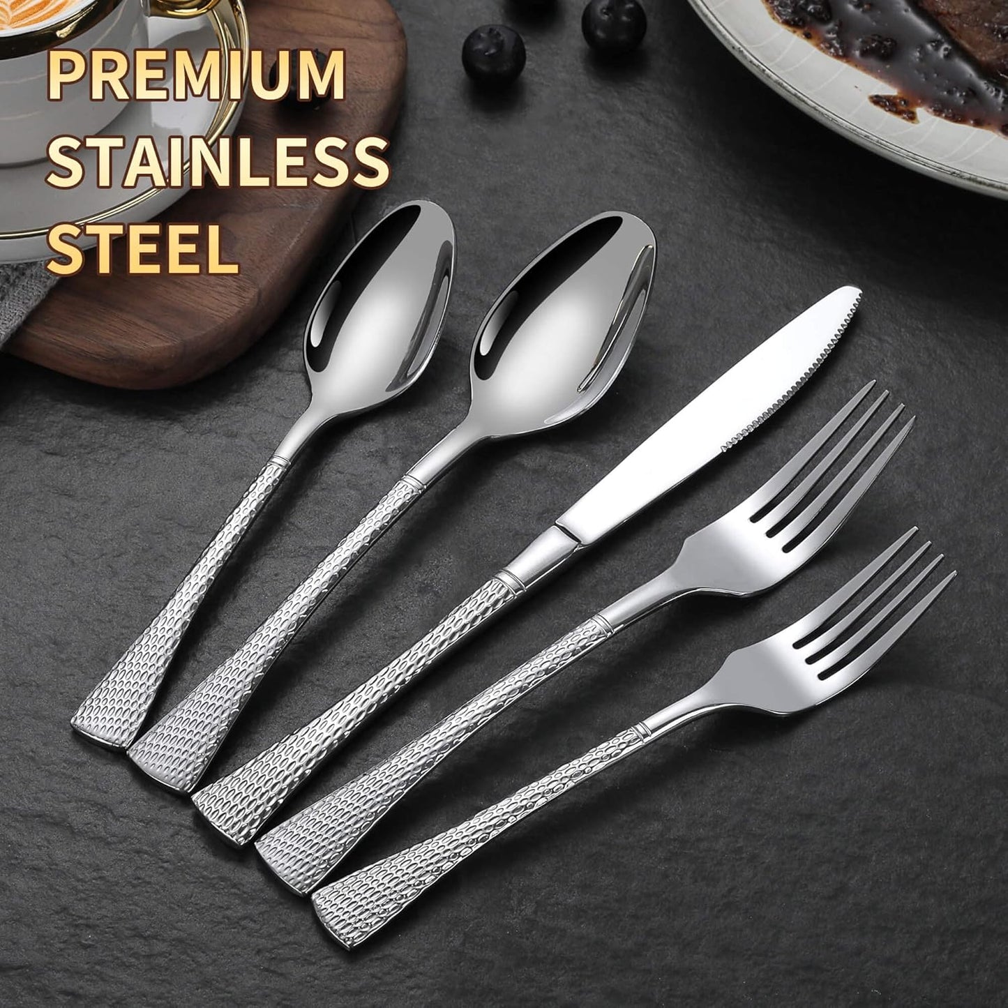Hammered Silver Silverware Set for 8,Stainless Steel 40-Piece Modern Cutlery Set,Mirror Polished Heavy Duty Flatware Set Utensil Set,Knives Spoons and Forks Set,Dishwasher Safe