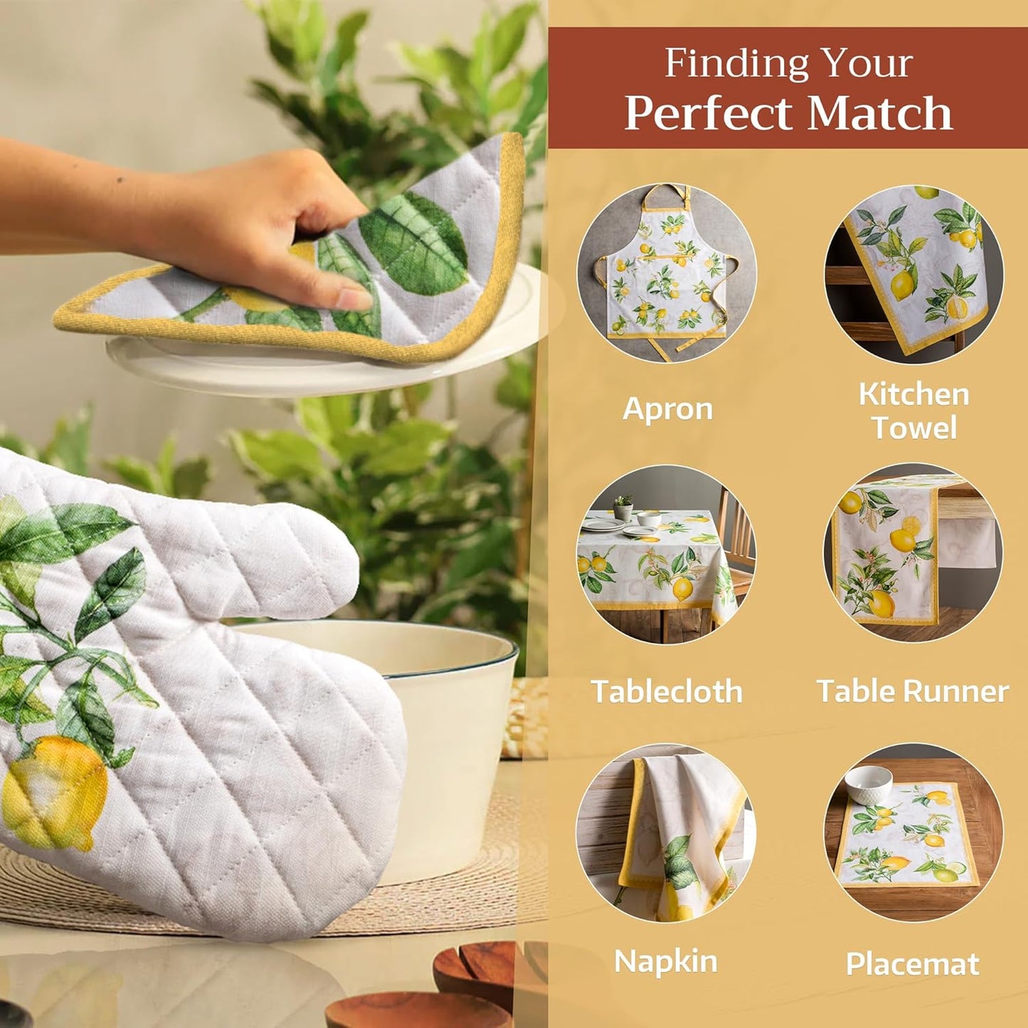 Maison d' Hermine 100% Cotton Oven Mitt & Pot Holder Set (7.5"x13" & 8"x8") Heat Resistant BBQ Cooking Gloves with Loop, Baking, Grilling, Kitchen, Handling Hot Pans Spring/Summer (Limoncello)