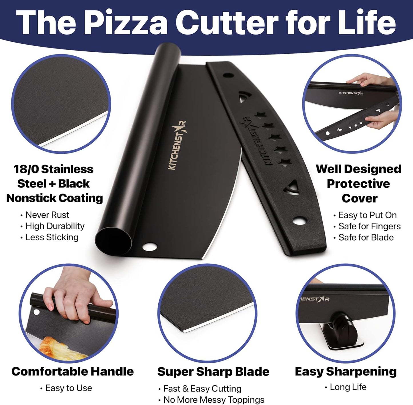 KitchenStar 12-Inch Pizza Cutter Rocker Blade - Sharp Stainless Steel Slicer Knife, Protective Cover, Black Nonstick, Small - Professional Pizza Oven Accessories