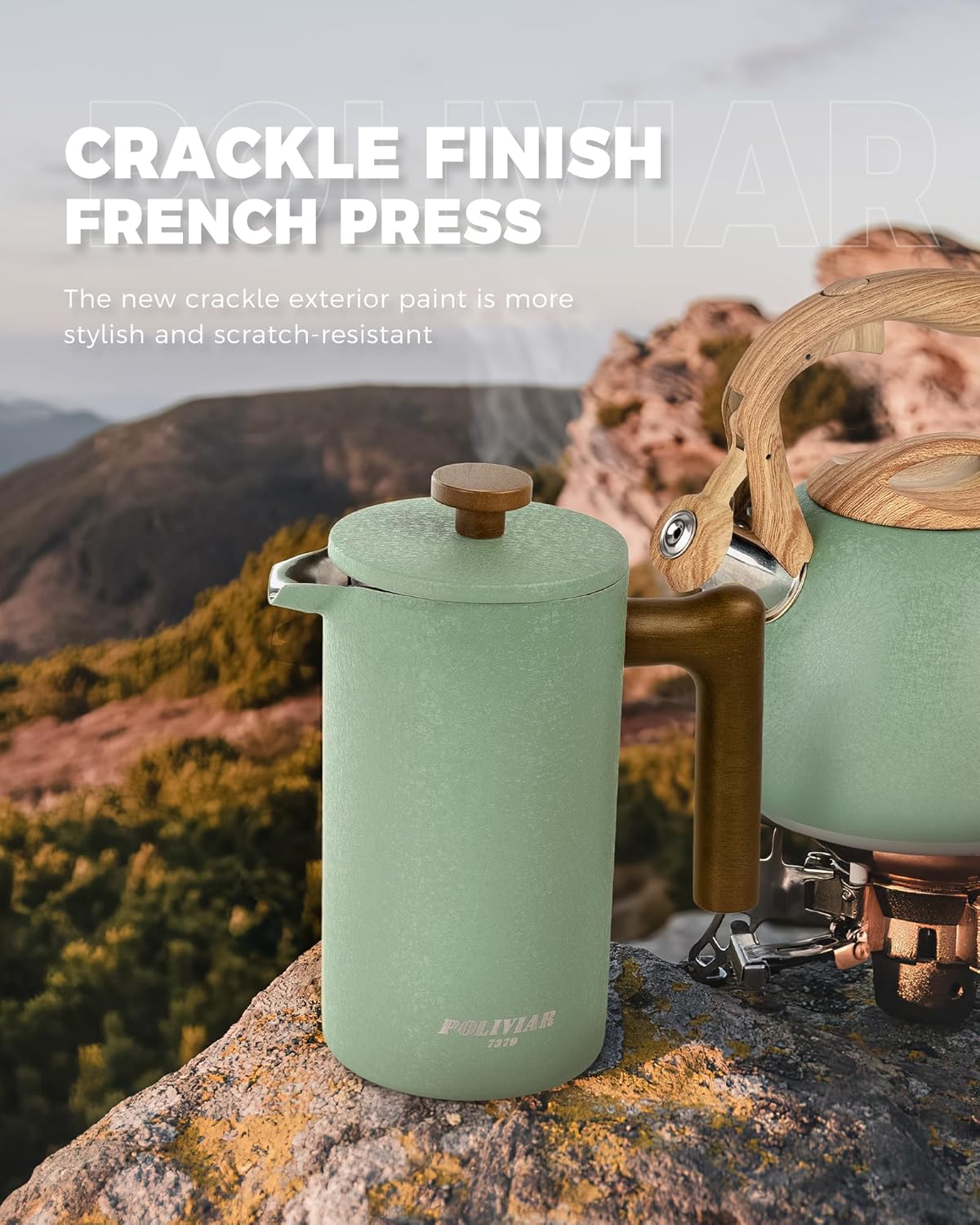 POLIVIAR French Press Coffee Maker, 34 oz Coffee Press with Real Wood Handle, Double Wall Insulation & Dual-Filter Screen, Food Grade Stainless Steel for Good Coffee and Tea JX2023-FPLN