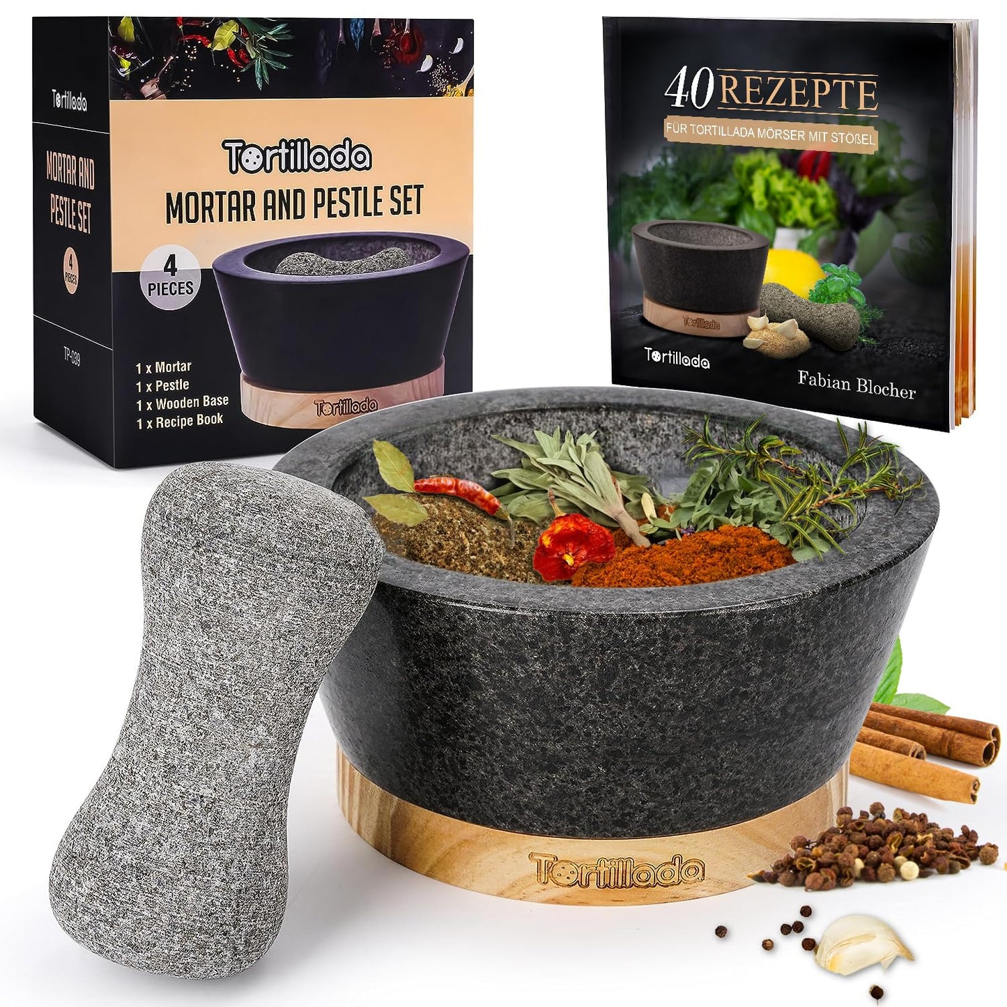 Tortillada – 6-inch Mortar and Pestle Set Large Made of Natural Granite with Anti-Scratch Wood Base Granite Spice Herb Grinder Pill Crusher with 50 Recipes, Black