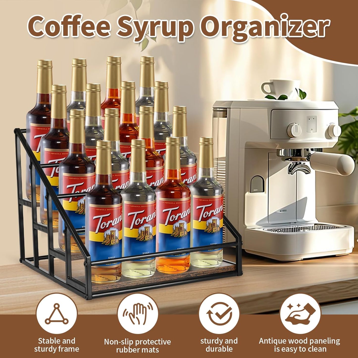 Coffee Syrup Organizer Rack, Liquor Bottle Display Shelf, Spice Racks, 4-Tier 16 Syrup Bottles Holder Stand for Coffee Bar Kitchen Small Wine Rack for Bar Family Storage for Syrup Wine Dressing