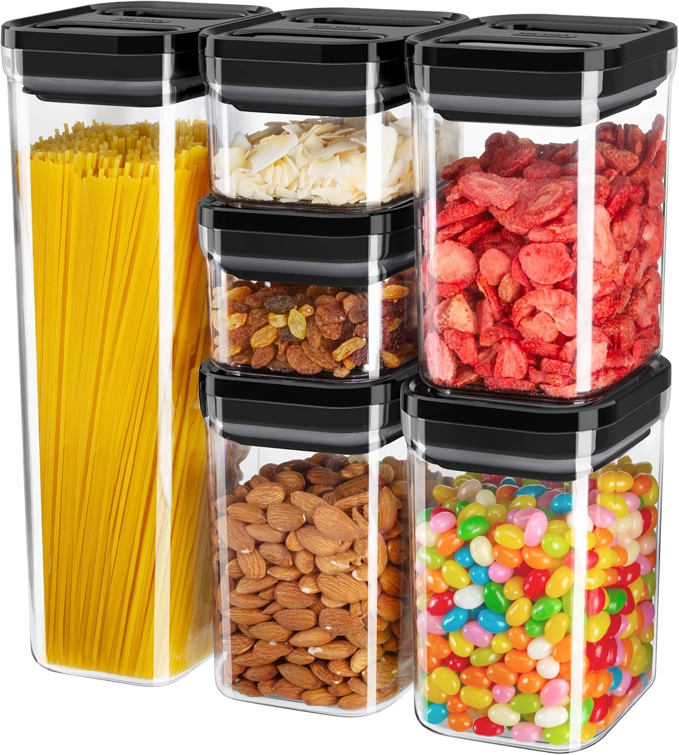 MR.SIGA 6 Piece Airtight Food Storage Container Set, BPA Free Kitchen Pantry Organization Canisters, One-handed Kitchen Storage Containers for Cereal, Spaghetti, Pasta, Black