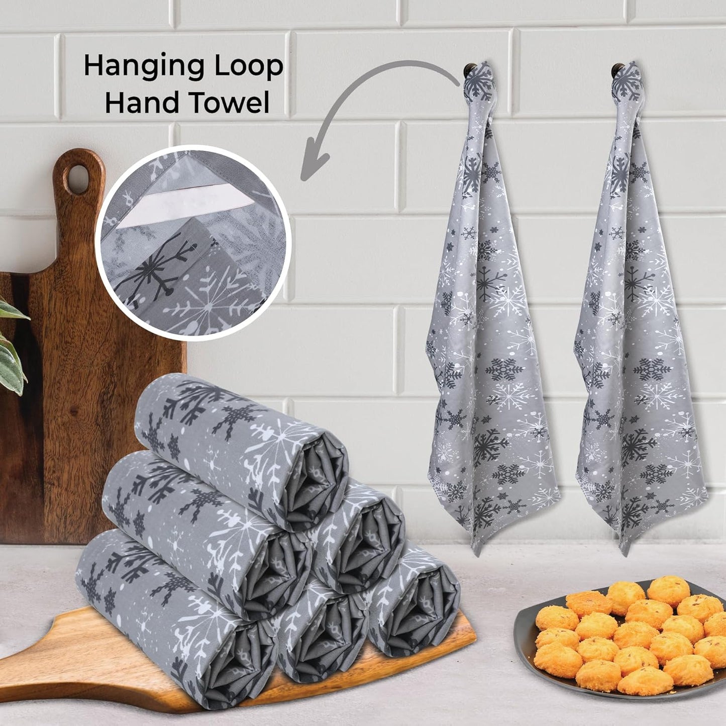 Urban Villa Christmas Kitchen Towels Grey Snowflake Print Premium Quality 100% Cotton Dish Towels Mitered Corners Over Sized 20X30 Inches Set of 6 Highly Absorbent Kitchen Towels with Hanging Loop