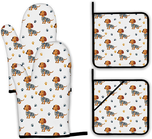 Cute Dachshund Dog Oven Mitts and Pot Holders,Paw Heat Resistant Oven Mitts Gloves and Pot Holder for Home Kitchen Decorations Cooking Baking BBQ Gifts,Set of 4