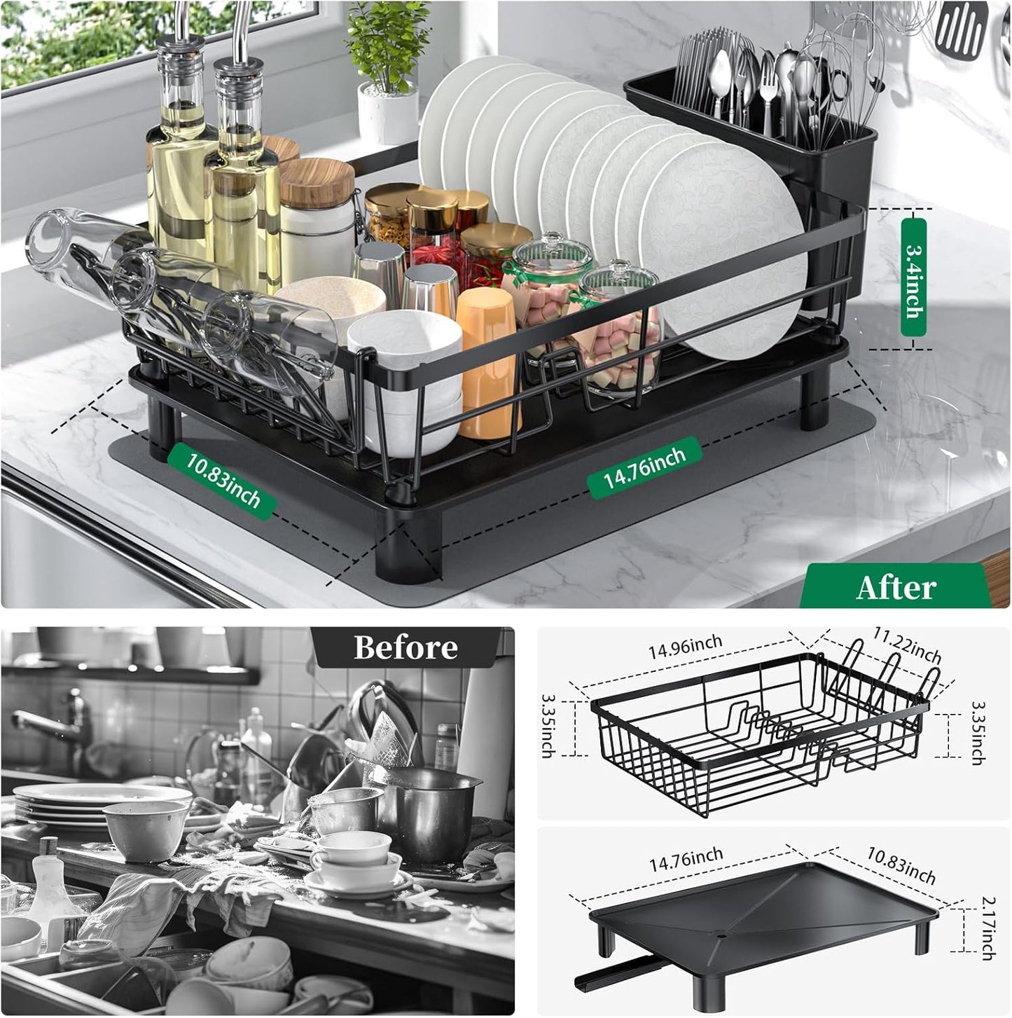 Kitchen Dish Rack with Mat Space-Saving Small Dish Drainer,Simple Human Expandable Over The Sink Dish Drying Rack,Rustproof Drying Rack Dishes with Utensil Holder,15" Dx11 W(inches),Black