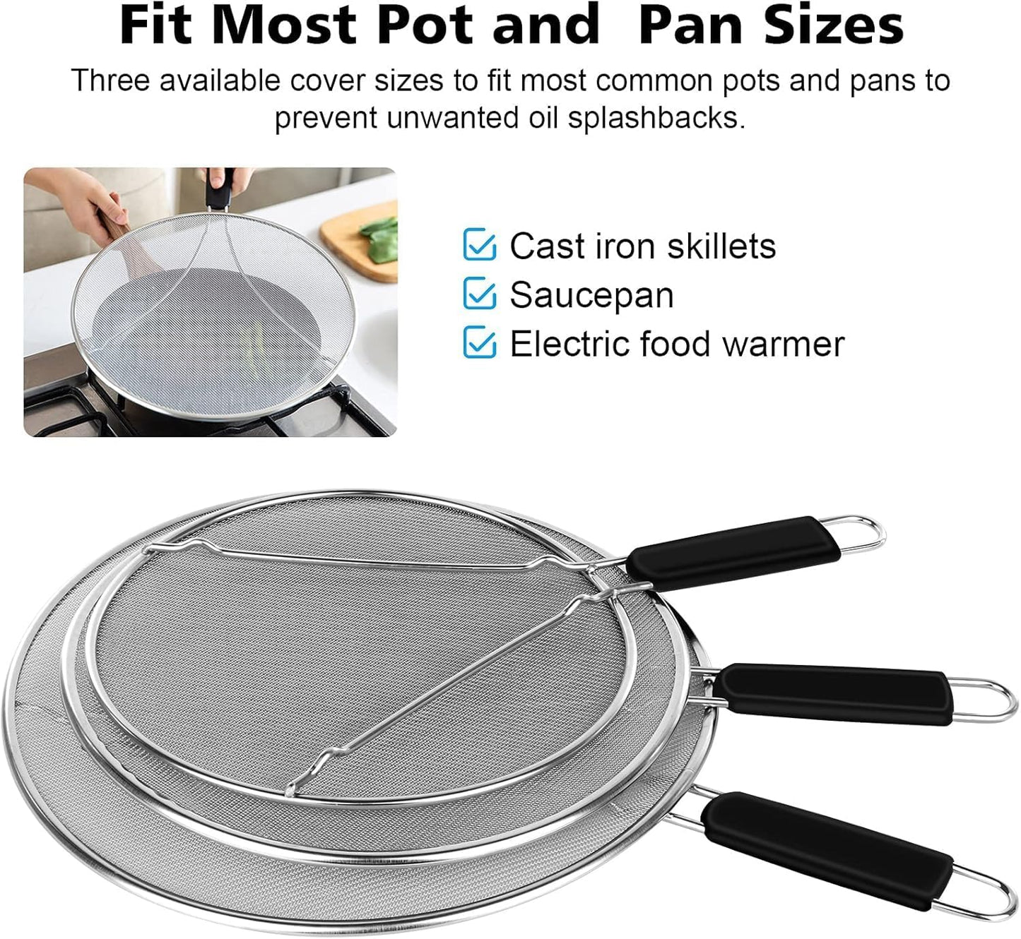 Splatter Screen for Cooking - Stainless Steel Grease Splatter Guard for Frying Pan, Ultra Fine Mesh Lids Set of 3(9.8", 11.4", 13")
